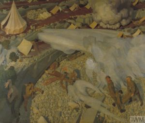 Irish Troops in the Judaean Hills Surprised By A Turkish Bombardment, 1919 (Art.IWM ART 2746) image: An elevated viewpoint of a scene showing an encampment under bombardment at an hour before evening 'stand to'. Dense clouds of smoke drift across the scene from exploding shells. Soldiers run and attempt to shelter from the bombardment, while two soldiers carry a wounded soldier in the lower right of the composition. Copyright: © IWM. Original Source: http://www.iwm.org.uk/collections/item/object/15761