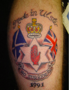 A 1991 Unionist tattoo marking loyalty to Great Britain in Northern Ireland. 
