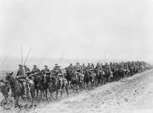 The 9th Lancers, as seen in 1918. Despite the rebuff of their charge in 1914 they stayed on as a mounted reconnaissance force. 
