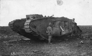 German infantrymen investigate a broken down British tank. Though fearsome when in action, tanks during WWI were highly prone to malfunction. 