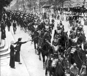 French Cuirassiers leaving Paris in August of 1914. In past wars, these heavy cavalrymen could be expected to make a charge that would deliver the killing blow to a faltering enemy line. World War I saw the end of such charges. 