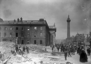 The shell of the GPO following the British shelling, bombardment force the Irish leaders out of the building on Friday, April 28th. 