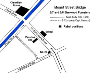 The British battle plan at Mount Street Bridge and Northumberland Road. Densely packed British formations and well concealed Volunteer positions caused the attacker high losses. 