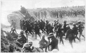 British Mark V tanks followed by the infantry near Bapaume, 1918. 