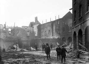 The wreckage of Linenhall Barracks. British use of artillery inside the city gave them a massive advantage over the Volunteers, but caused a great deal of damage. 