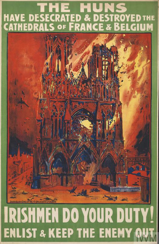 The Huns Have Desecrated and Destroyed the Cathedrals of France and Belgium (Art.IWM PST 13606) whole: the image occupies the majority, held within a blue border. The title is separate and positioned across the top edge, in white. The text is separate and positioned across the bottom edge, also in white. The title and text are set against a green background. image: the western facade of Rheims Cathedral in flames. The bodies of dead civilians lie on the ground. text: THE HUNS HAVE DESECRATED... Copyright: © IWM. Original Source: http://www.iwm.org.uk/collections/item/object/31606